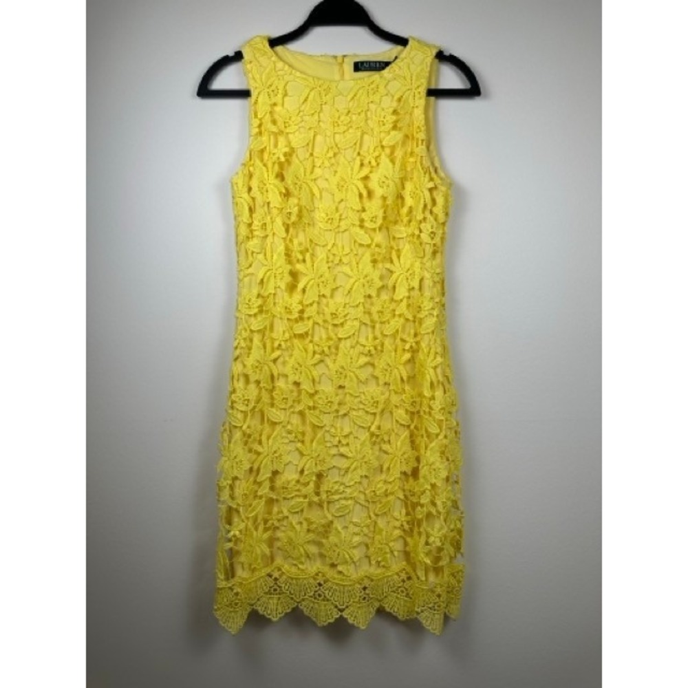 Lauren Ralph Lauren Butter Yellow Floral Lace Sheath Dress Sleeveless Wedding 6